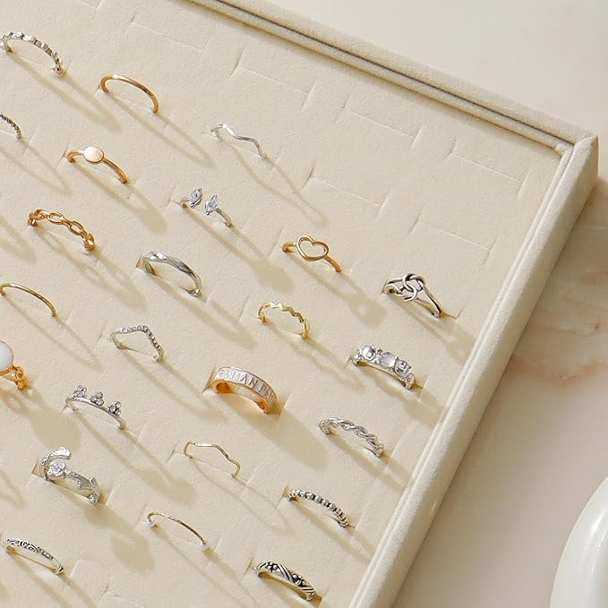KATISYIO Large Velvet Jewelry Tray 2 Pack Stackable Jewelry Display Drawer Inserts Trays Organizer for Earring Bracelet Necklace Ring (Beige, Ring 81 Slots)