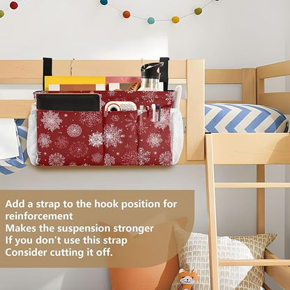 CuwrYet Bedside Caddy Hanging Bunk Bed Caddy Bed Organizer Hanging Pocket with 2 Hooks Bedside Storage Organizer Pocket Bag Holder Red Christmas Snowflakes