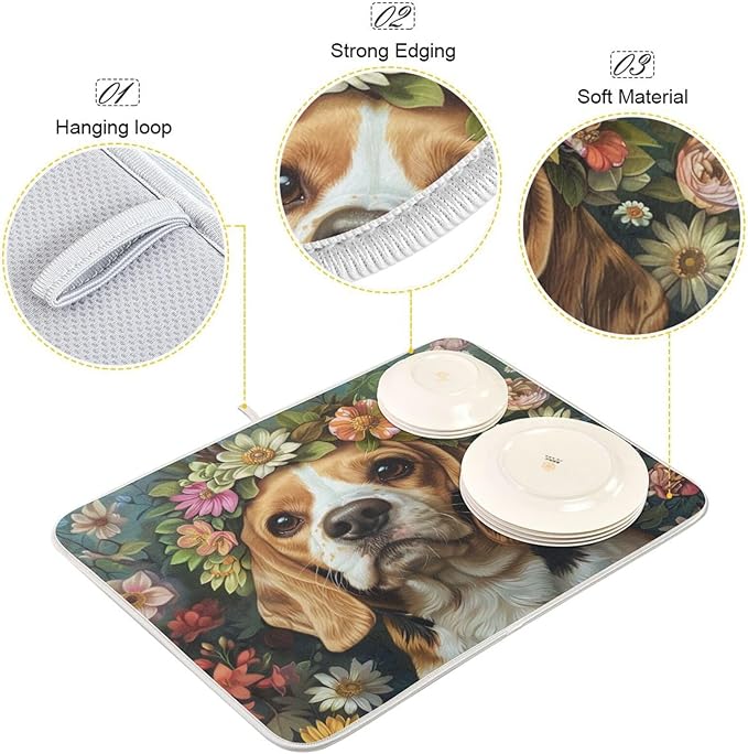 ZzWwR Beautiful Beagle Dog in Flowers Wreath Painting Absorbent Dish Drying Mat Microfiber Kitchen Countertop Table Protector Multi-Purpose Counter Rack Sink Drainer Pad (16 x 18 Inches)