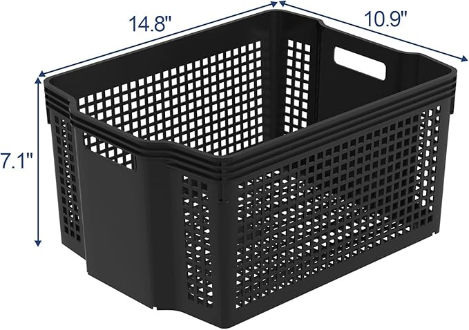 12 Pack Large Plastic Storage Baskets Bins, Multi-Purpose Organizer Weave Basket for Shelves, Closets, Offices (Black)