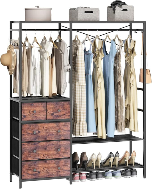 Auromie Clothes Rack with 5 Drawers & 4 Storage Shelves, 59.1W*70.9H Heavy Duty Clothing Rack with 2 Hanging Rods, Wardrobe Closet Organizer System with 5 Hooks, Freestanding Garment Rack (Rustic)