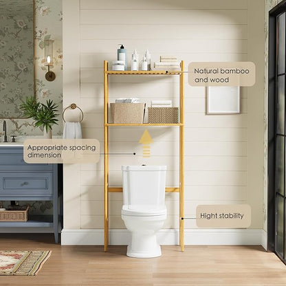 QSN SILK LU 2 Tier Over The Toilet Organizer Rack Bamboo, Freestanding Bathroom Toilet Storage Shelf, Space Saving and Easy to Install, Adjustable Feet, Adjustable Bottom Rod