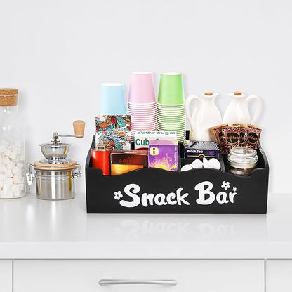 DEAYOU Snack Organizer for Countertop, Wooden Snack Storage Bins Basket, Large 7 Compartment Coffee Bar Station Organizer for Pantry, Kitchen, Office, Chips, Candy, Packet, 15.8" L x 9" W x 5.4" H