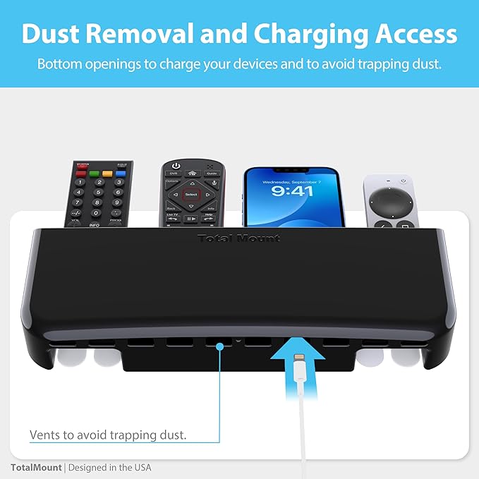 TotalMount Hole-Free Remote Holder – Eliminates the Need to Drill Holes in Your Wall (Premium Black Remote Control Holder for 5 or 6 Remotes)
