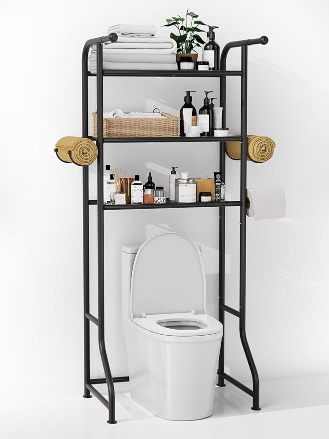 JUKAMO 3-Tier Over The Toilet Storage Shelf，Bathroom Organizers and Storage Over Toilet，Metal Bathroom Space Saver with 2 Bars，1 Paper Holder and 4 Hooks,Black
