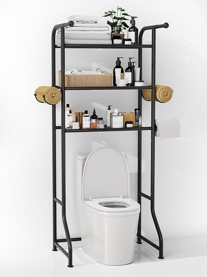 JUKAMO 3-Tier Over The Toilet Storage Shelf，Bathroom Organizers and Storage Over Toilet，Metal Bathroom Space Saver with 2 Bars，1 Paper Holder and 4 Hooks,Black