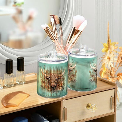 MNSRUU 2 Pack Qtip Holder Organizer Dispenser Highland Cow Flowers Pink Bathroom Storage Canister Cotton Ball Holder Bathroom Containers for Cotton Swabs/Pads/Floss