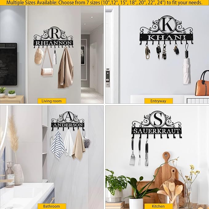 Custom Metal Key Rack Hooks, Personalized Key Holder for Wall,Name Background Letter Theme Wall Decoration Hooks, Key Hanger Organizer for Living Room, Entryway, Bathroom, Kitchen Decor