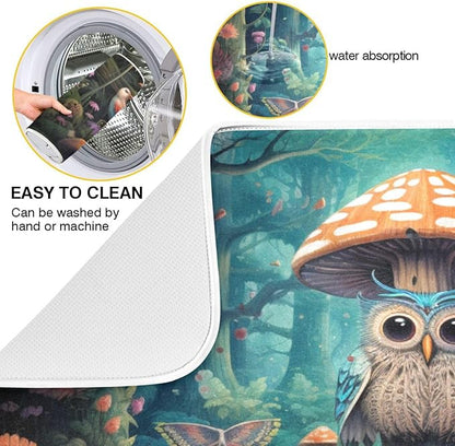 Beautiful Fairy Forest Owl Mushroom Flowers Butterfly Microfiber Dish Drying Kitchen Countertop Table Protector Multipurpose Counter Rack Sink Drainer Pad (16" x 18")