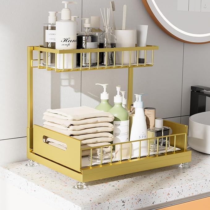 Under Sink Organizer Storage 2-Tier Premium Metal Pull-Out Racks, Height Adjustable, Heavy Dut and Easy Installation for Kitchen & Bathroom Organizers 1 Pack Gold