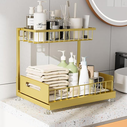 Under Sink Organizer Storage 2-Tier Premium Metal Pull-Out Racks, Height Adjustable, Heavy Dut and Easy Installation for Kitchen & Bathroom Organizers 1 Pack Gold