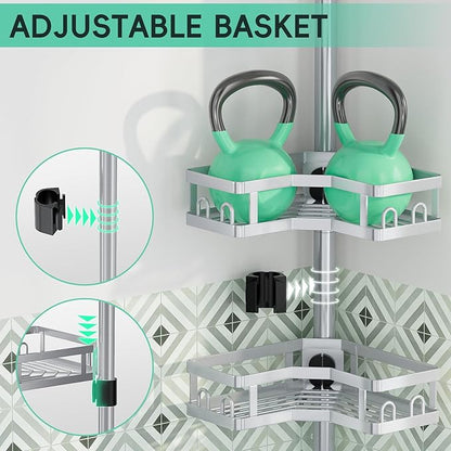 HEVEL Corner Shower Caddy Tension Pole, 4 Tier Adjustable Shower Organizer Corner 62-115 Inch, Rustproof Bathroom Shower Shelves for Bathtub Storage,Silver