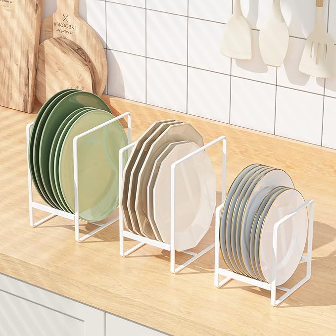 Hikinlichi 2 Large 1 Small Plate Organizers Holders Upright Cabinet Dish Drying Racks Metal Plate Dish Organizers Racks Stands for Countertop and Cupboard White