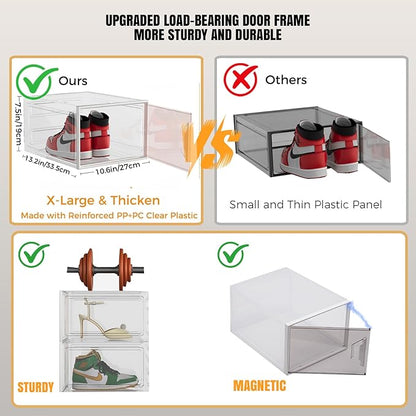 ADTO X-Large Stackable Shoe Boxes - Clear Plastic Shoe Storage Boxes with Magnetic Door, Thicken Shoe Organizer for Closet, Space Saving Foldable Shoe Containers Bins for Sneaker Boot - 8 Pack(White)
