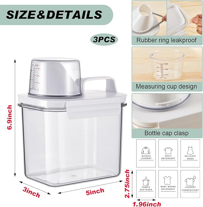 Tatuo 3 Pack Laundry Detergent Dispenser 37 oz Clear Liquid Container with 6 Removable Labels, Fabric Softener Pet Plastic Detergent Dispenser for Laundry Room Organization and Storage