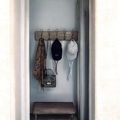 Wooden Coat Rack Wall Mount, 24" Pine with 5 Heavy Duty Antique Gold Hooks, Distressed Espresso Rustic Farmhouse for Entryway, Hallway, Bathroom, or Bedroom
