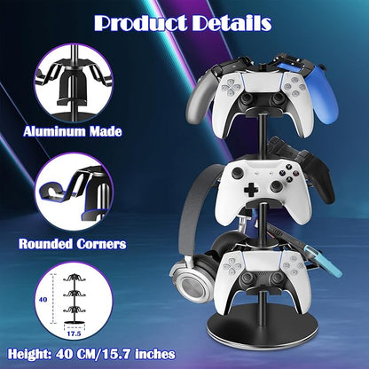 Controller Holder Stand 3 Tiers, Rotatable Gaming Headset Stand Compatible with Xbox PS5 PS4 Nintendo Switch Pro, Aluminum Headphone Organizer Rack, Desktop Gampads Holder, Black