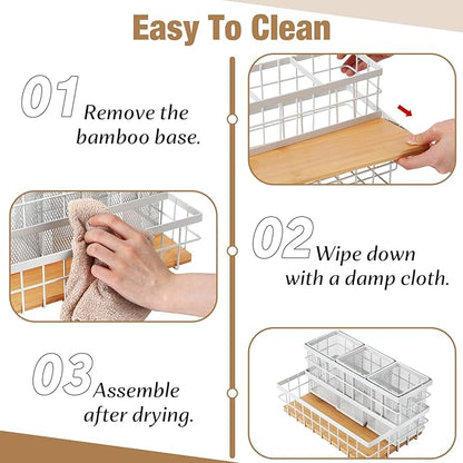 AceOrbit 1 Pcs Hair Tool Organizer Countertop Breathable Metal & Bamboo Hot Tools Organizer Under Sink Bathroom Hair Dryer Holder Countertop Brush Comb Holder,makeup tray (Natural Bamboo,White)
