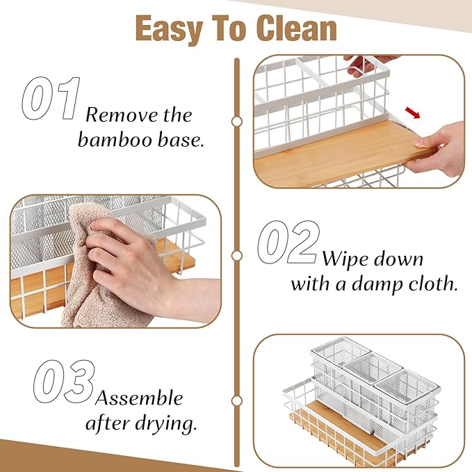 AceOrbit 2 Pcs Hair Tool Organizer Countertop Breathable Metal & Bamboo Hot Tools Organizer Under Sink Bathroom Hair Dryer Holder Countertop Brush Comb Holder,Makeup Tray (Natural Bamboo,White)