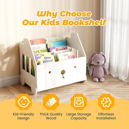 Wooden Kids Bookshelf, Toddler Montessori Bookshelf, Nursery Book Shelves with 4 Adjustable Dividers, Book Shelf for Kids Rooms, Nursery, Bedroom, Classroom and Playroom Storage