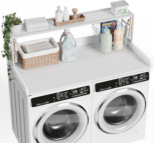 DTK Washer Dryer Countertop with Shelf, 27.55" Depth x 54" Width Laundry Wood Top Cover with Anti-Slip Strips, Over Washer and Dryer Wood Countertop with Edge Rails, White