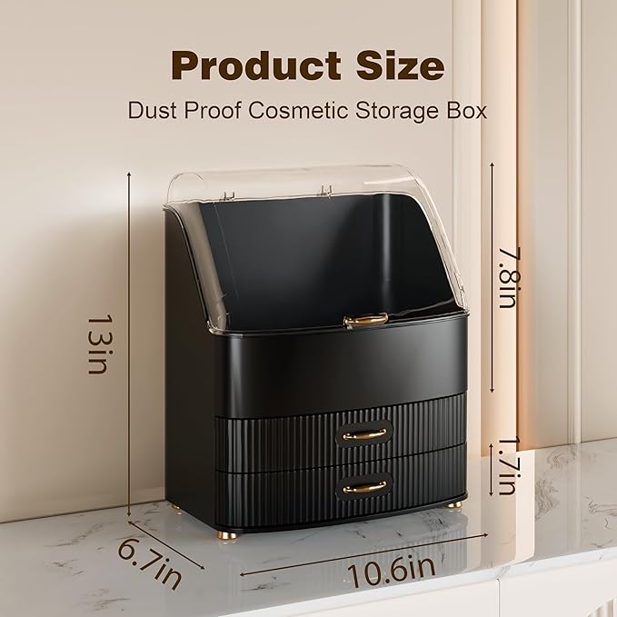 Plukers Makeup Organizer Countertop Vanity with Transparent Lid Drawers Waterproof Dustproof Cosmetic Skincare Bathroom Storage Gift for Women Teens Girls (Black)