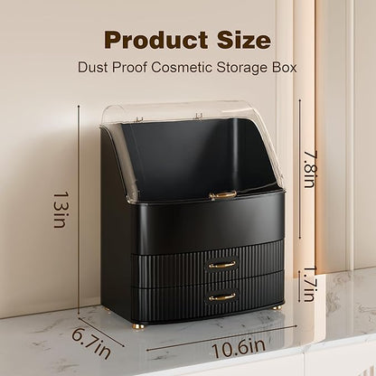 Plukers Makeup Organizer Countertop Vanity with Transparent Lid Drawers Waterproof Dustproof Cosmetic Skincare Bathroom Storage Gift for Women Teens Girls (Black)