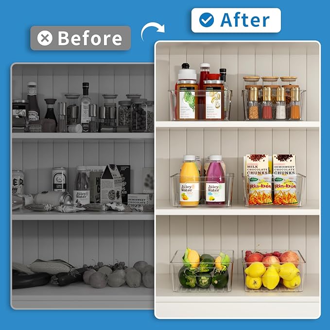 6 Pack Pantry Organizers and Storage,Clear Plastic Containers with 2 Dividers for Kitchen,Fridge Organization and Storage,Acrylic Bins for Pounches,Spice Packet,Snack organzier