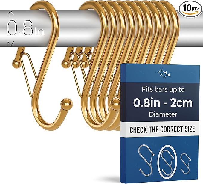 Blau Marité 10-Pack Metal S Hooks for Hanging – Heavy-Duty S-Shaped Hook with Safety Buckle – Fits Bars up to 0.8 In – Anti-Drop S-Hooks for Kitchen, Bathroom, Closet & Pot Racks – Gold (Medium)