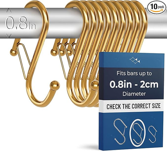Blau Marité 10-Pack Metal S Hooks for Hanging – Heavy-Duty S-Shaped Hook with Safety Buckle – Fits Bars up to 0.8 In – Anti-Drop S-Hooks for Kitchen, Bathroom, Closet & Pot Racks – Gold (Medium)