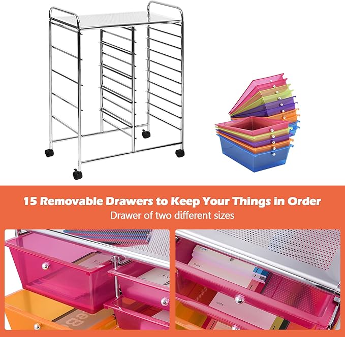KOTEK 15-Drawer Rolling Storage Cart, Multipurpose Mobile Utility Cart with 4 Wheels, Home Office School Tools Scrapbook Paper Organizer (Multicolor)
