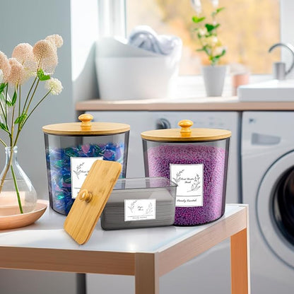 3 Pack Plastic Laundry Powder Container & Dryer Sheet Holder with Lids, Labels & Scoops - Laundry Detergent Organizer and Storage Jars for Pods,Beads, Soap, Scent Booster (Clear Grey)