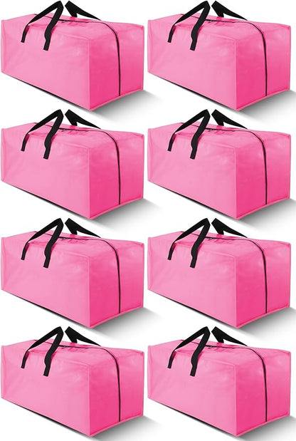 Cosy Family 8 Pack Heavy Duty Extra Large Moving Bags with Backpack Straps - Strong Handles & Zippers, Storage Totes For Space Saving, Fold Flat, Alternative to Moving Box, Pink