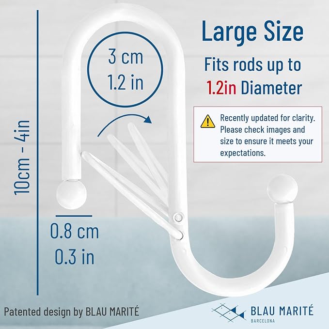 Blau Marité 6-Pack Metal S Hooks for Hanging – Heavy-Duty S-Shaped Hook with Safety Buckle – Fits Bars up to 1.2 in – Anti-Drop S-Hooks for Closet, Wardrobes & Storage – White (Large)