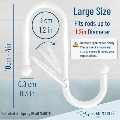 Blau Marité 6-Pack Metal S Hooks for Hanging – Heavy-Duty S-Shaped Hook with Safety Buckle – Fits Bars up to 1.2 in – Anti-Drop S-Hooks for Closet, Wardrobes & Storage – White (Large)