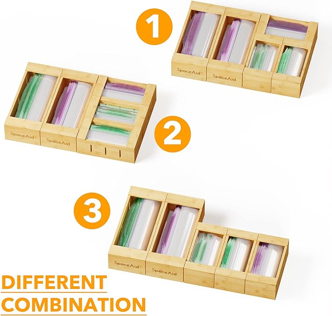 SpaceAid Bag Storage Organizer for Kitchen Drawer, Bamboo Organizer, Compatible with Gallon, Quart, Sandwich and Snack Variety Size Bag (5 Pack Set)