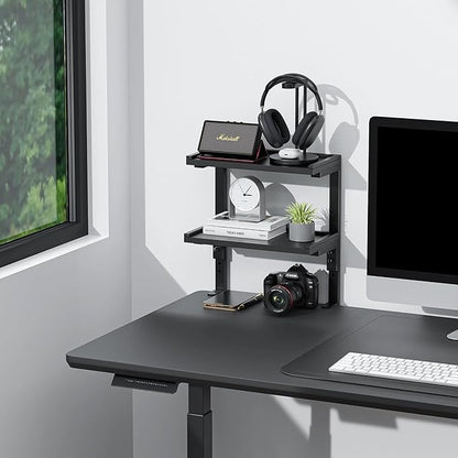 Spacrea clamp on Desk Shelf, 2 Tier Office Desk Shelves Organizer, Wood Desktop Supplies Storage Rack, Desk Organizers and Accessories (Black)