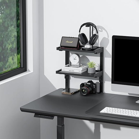 Spacrea clamp on Desk Shelf, 2 Tier Office Desk Shelves Organizer, Wood Desktop Supplies Storage Rack, Desk Organizers and Accessories (Black)