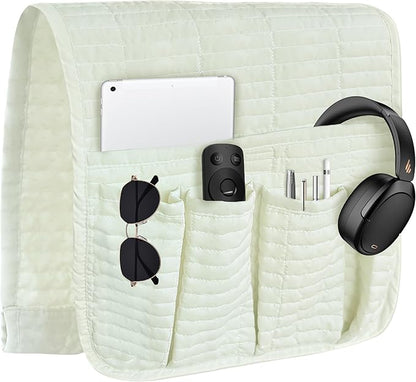 MEHIDFY Sofa Armrest Caddy, Waterproof Bedside Storage Organizer, Non Slip Armchair Pockets, Remote Control Holder for Couch, Handy Pouches with 6 Pockets for TV Remote, Phone, Magazine(White)