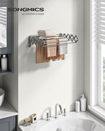 SONGMICS Clothes Drying Rack, Wall-Mounted Drying Rack Clothing, Small Accordion Laundry Rack, 9 Staggered Hanging Rods, Expandable and Retractable, Dove Gray ULLR802G01