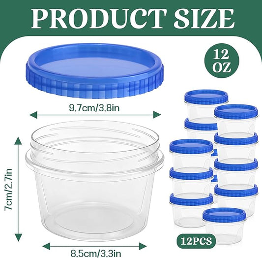 ISUSSER 12 Pack Freezer Containers with Screw On Lids, 12 Oz Stackable Reusable Plastic Storage Container, Airtight Plastic Food Storage Containers with Twist Top Lids for Food Soup Jello Sauce