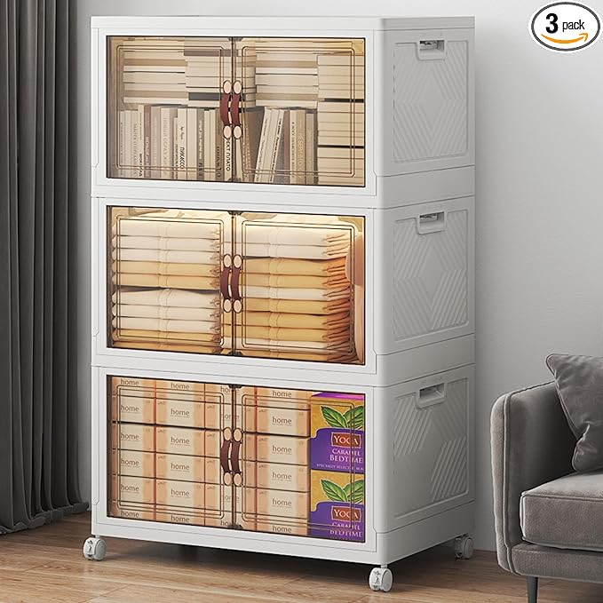 Extra Large Stackable Storage Bins, Lockable Storage Bins with Lids, Folding Storage box with Doors and Wheels, Collapsible Plastic Drawers for Home, Garage, Office (3, White, Large)