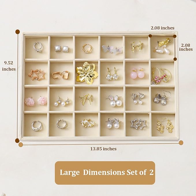 KATISYIO Large Velvet Jewelry Tray 2 Pack Stackable Jewelry Display Drawer Inserts Trays Organizer for Earring Bracelet Necklace Ring (Beige, 24 Grids)