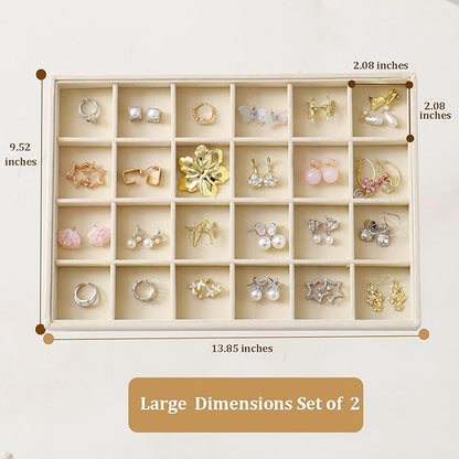 KATISYIO Large Velvet Jewelry Tray 2 Pack Stackable Jewelry Display Drawer Inserts Trays Organizer for Earring Bracelet Necklace Ring (Beige, 24 Grids)