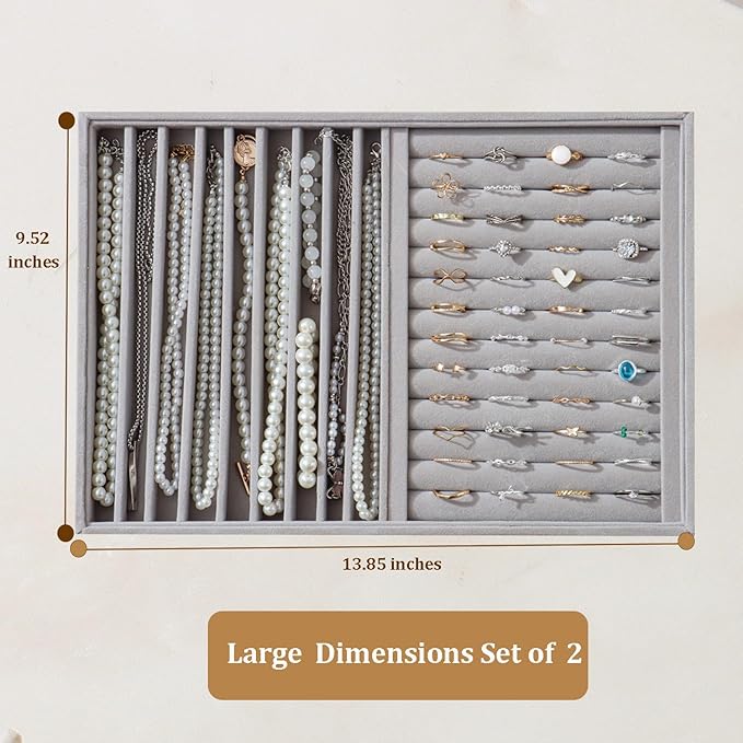 KATISYIO Large Velvet Jewelry Tray 2 Pack Stackable Jewelry Display Drawer Inserts Trays Organizer for Earring Bracelet Necklace Ring (Gray, Ring and 9 Grids)