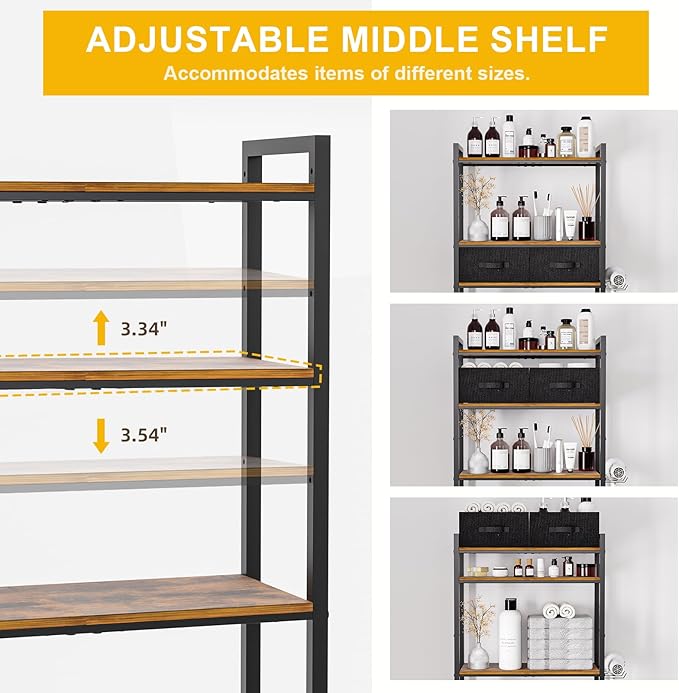 QOOIE Over The Toilet Storage with Adjustable Wooden Shelves and 2 Fabric Drawers, 4-Tier Over Toilet Bathroom Organizer, Small Freestanding Storage Shelf for Toilet Paper, Towels, Toiletries