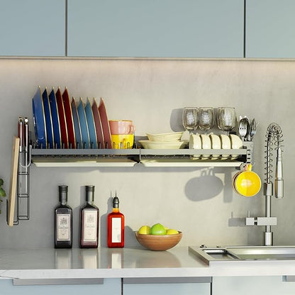 Hanging Wall Mounted Dish Drying Rack with Cutting Board Rack*1, Hook*4, Drain Tray*2, Apartment & RV Wall Mounted Dish Rack, Adhesive Mountable, Mounted Length: 31.8", Washable (Black)