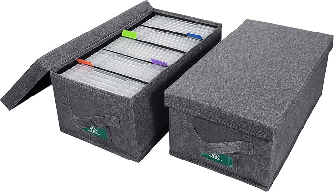 DVD Storage Box Pack of 2, Practical Movie Organizers15.75 x 8.46 x 6.3 Inch, DVD Rack with Lids and Index Labels to Hold up to 50 DVD Cases - Gray