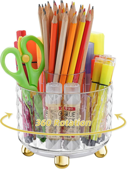 Marbrasse Desk Organizer, 360-Degree Rotating Pen Pencil Holder for Desk, Desk Organizers and Accessories with 5 Compartments Pencil Organizer (Transparent gold edge)