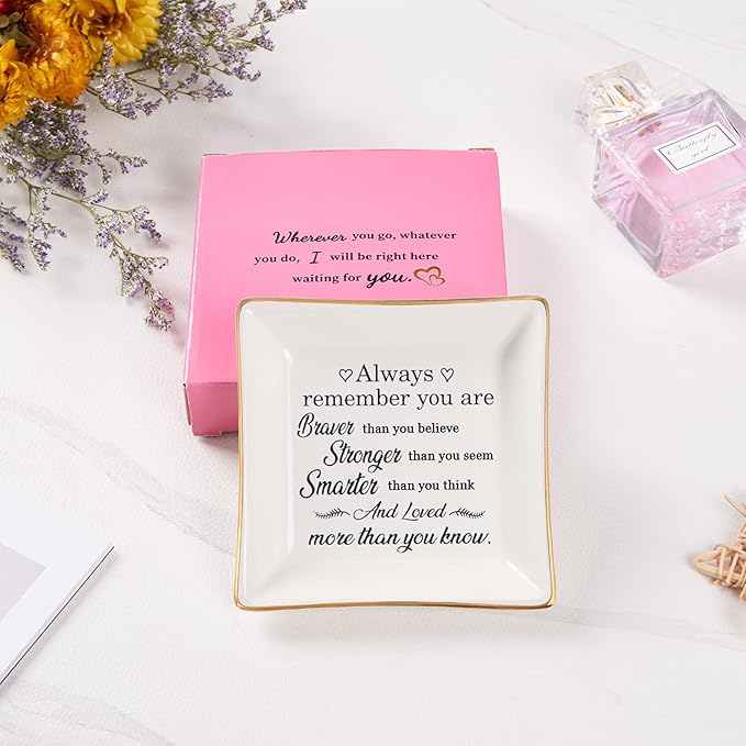 Spegiffu Inspirational Gifts for Women Trinket Dish with Positive Quotes - Always Remember You are Braver Stronger Smarter Than You Think, Motivational Gifts for Women Encouragement Cheer Up Gift